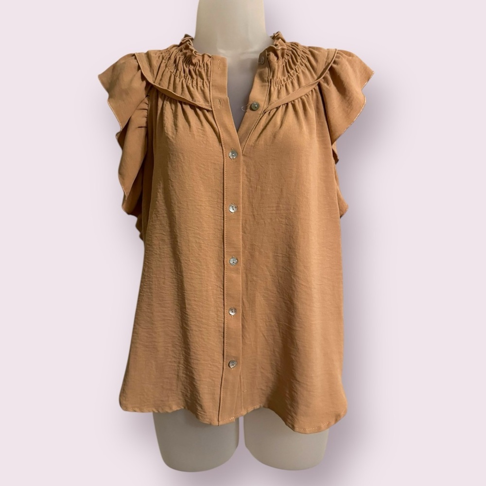 Blue Sol Tan Ruffle Sleeve Button Front Blouse Size S